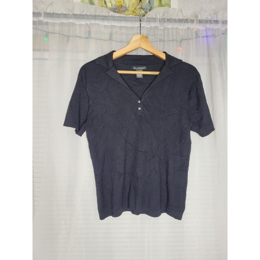Alexandra Bartlett Silk Ribbed Polo Shirt V-Neck Stretchy Solid Black 90's